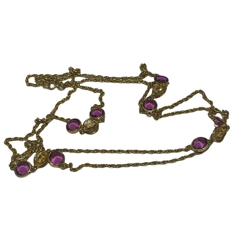 54” long gold tone purple rhinestone rivoli chain necklace
